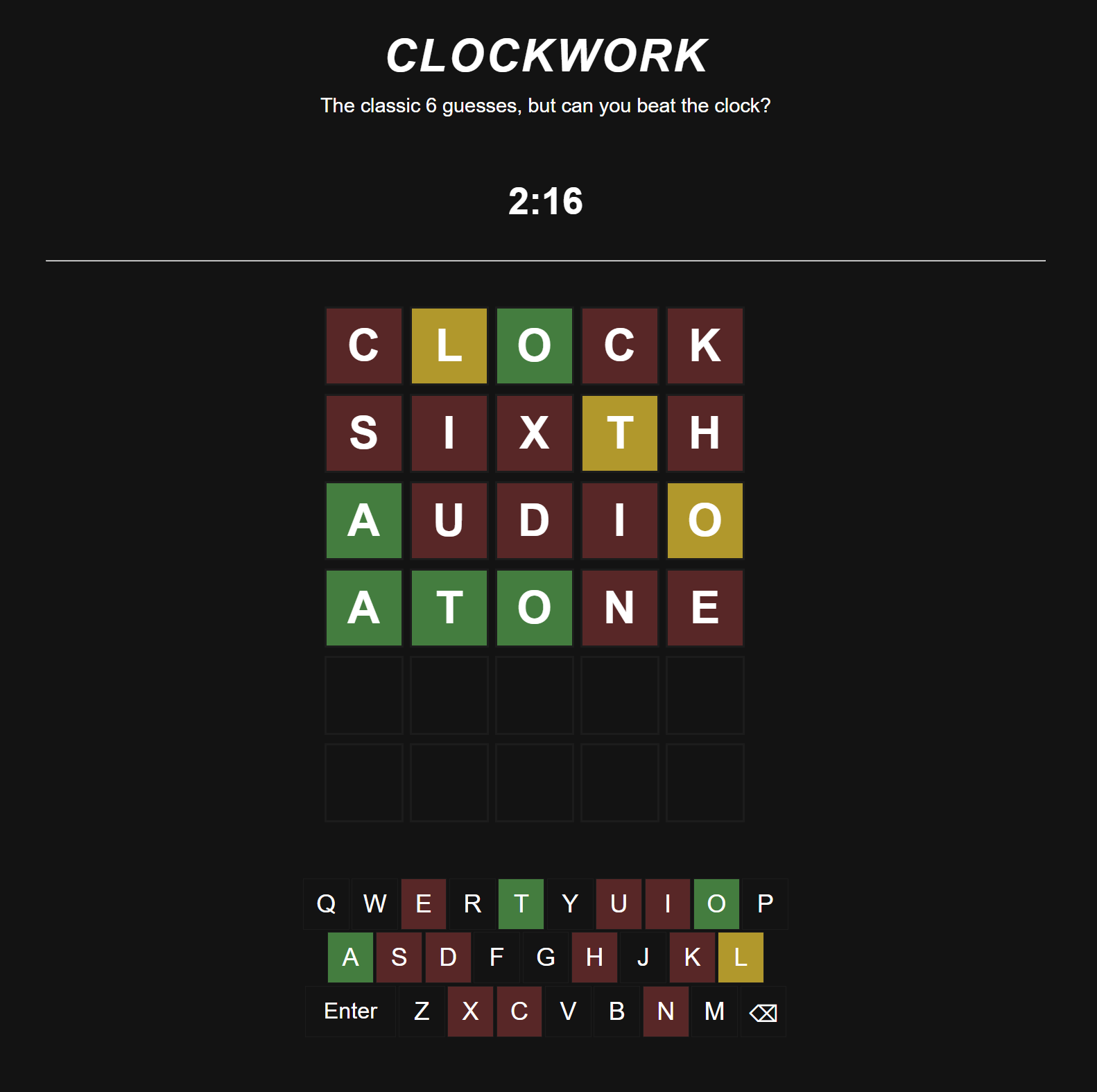 A photo of CLOCKWORK, the word was ATOLL.