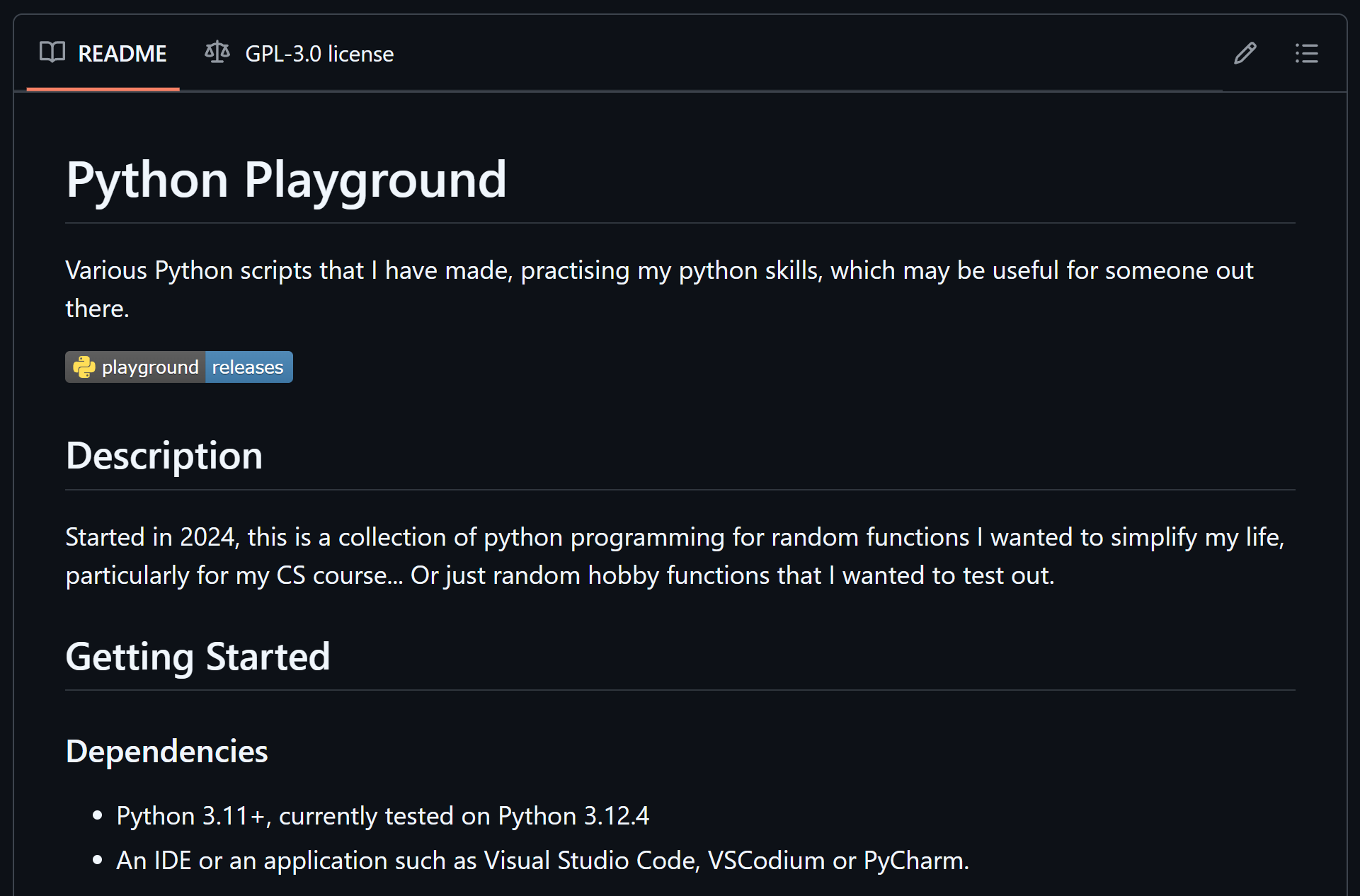 A screenshot of Python Playground's GitHub README page.